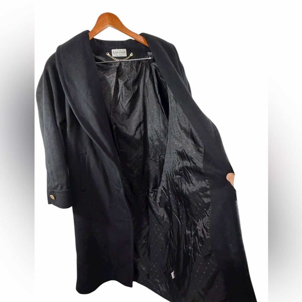 Ashley Scott Black 100% Wool Long Coat Gold Buttons Made in USA XL vintage - Picture 10 of 13
